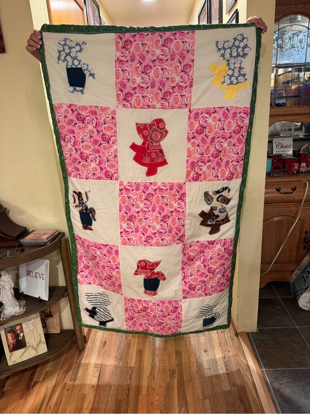Pink Rose Patchwork Baby Quilt with Appliqué Figures